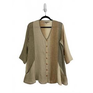 FLAX Colorblock Button-Front Linen Tunic Top Pinstripe Neutral Lagenlook PLarge